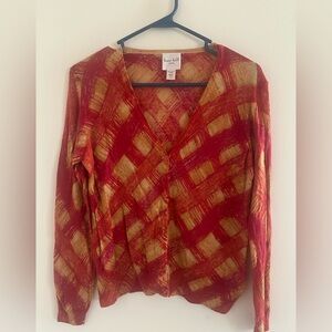 Kate Hill Red and Gold Plaid Cardigan